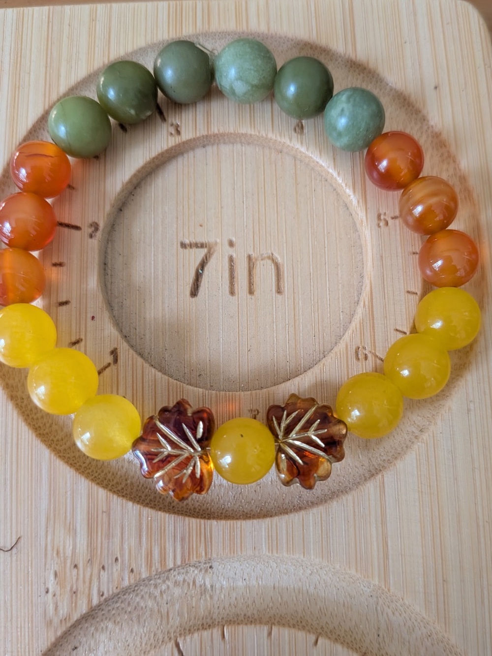 Handmade Green Jade & Yellow Agate Fall Leaf Stretch Bracelet Size 6.75-7